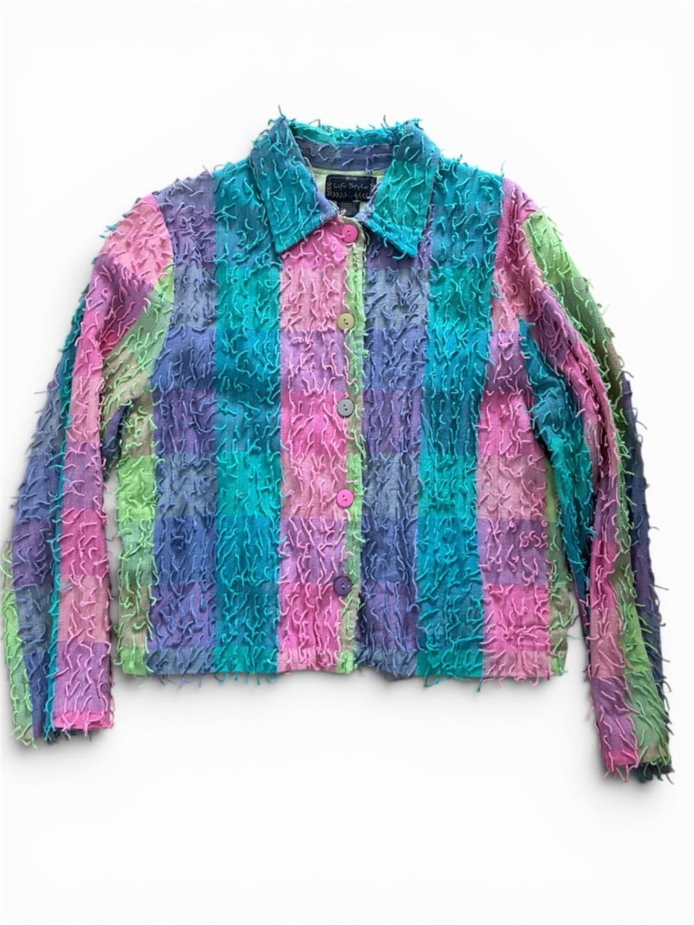 Textured Striped Button-Up Jacket in Teal, Purple & Pink